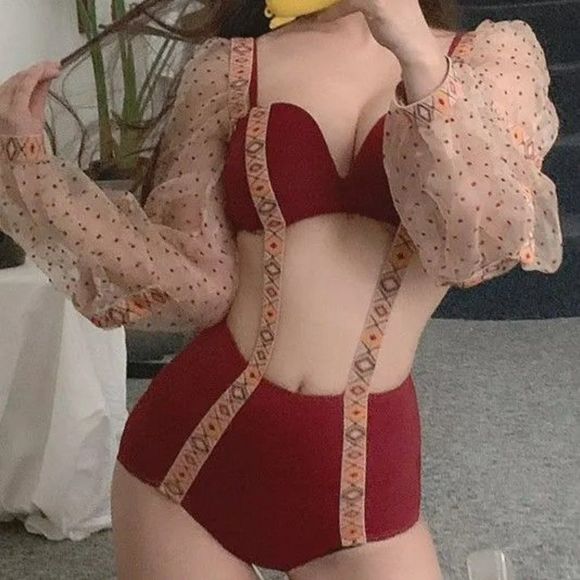 AMARAVATI Other - Red Wine Unique Long-Sleeve Paneled Swimsuit